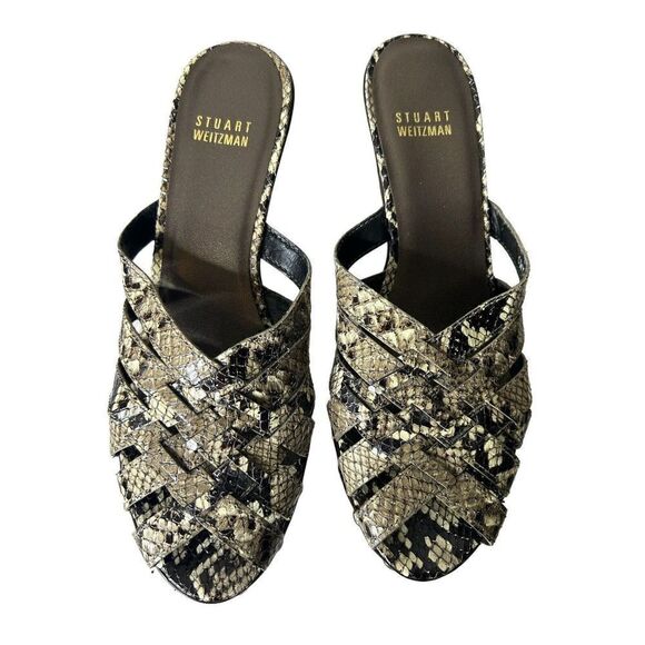 Stuart Weitzman 8M Snake Skin Woven Leather Pumps Sandals Studded Heel Slip On - Picture 1 of 7